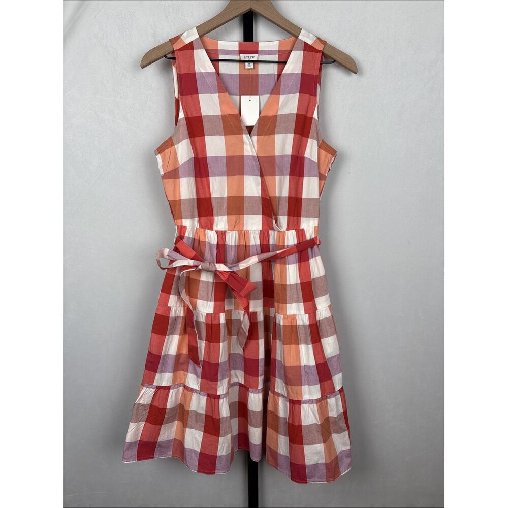 NEW J.Crew Faux Wrap Dress Women's 8 Red White Plaid Ruffle Hem Cotton Pockets